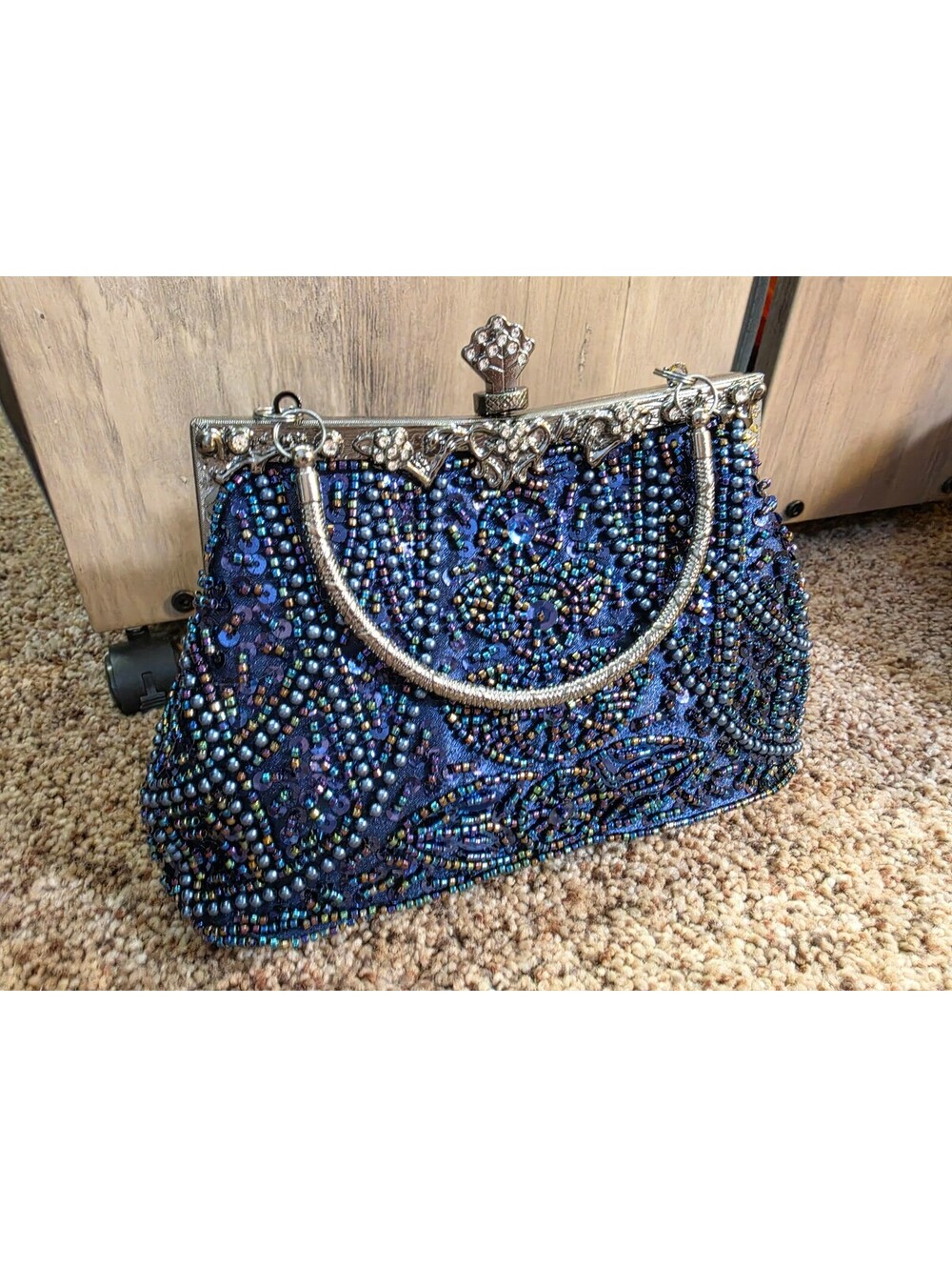 Elegant Blue Beaded Evening Clutch Purse with Silver Handle